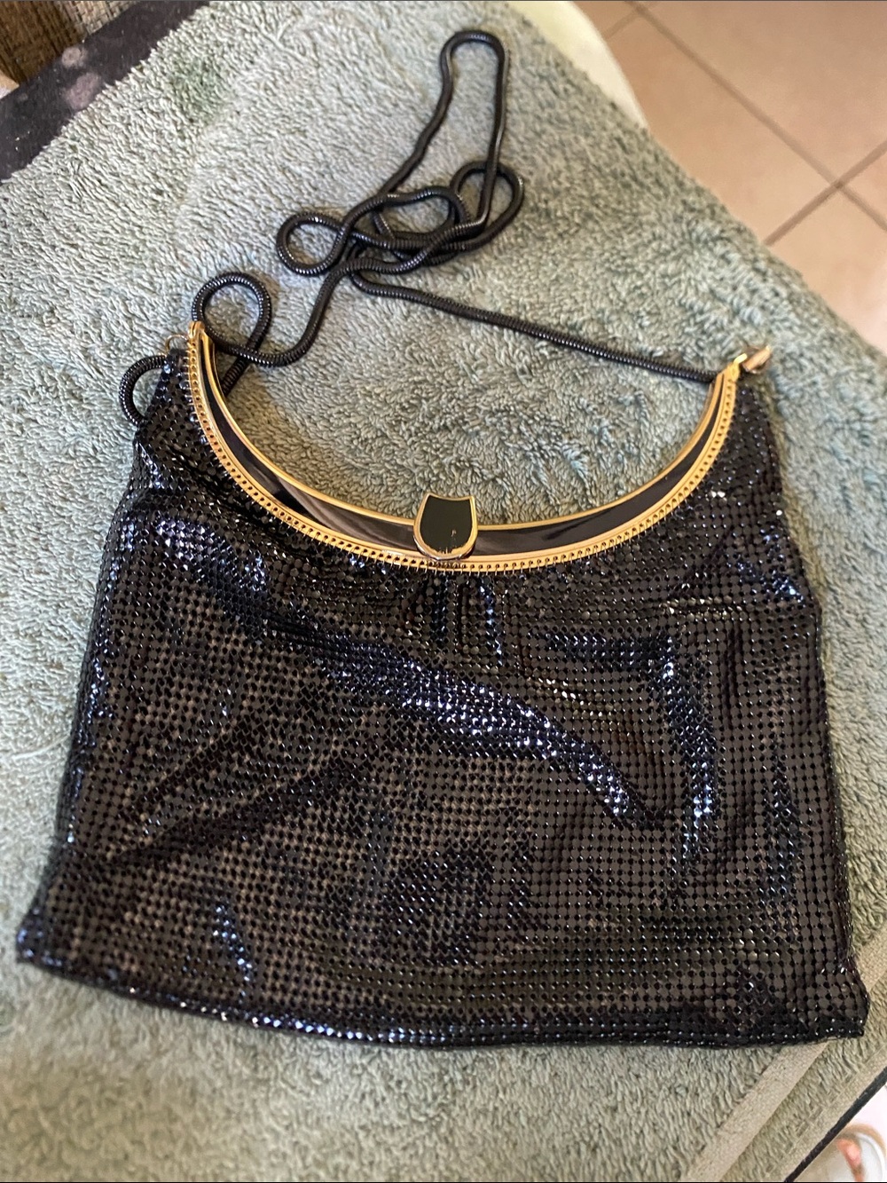 Black Sequin Shoulder Bag with Gold Accents